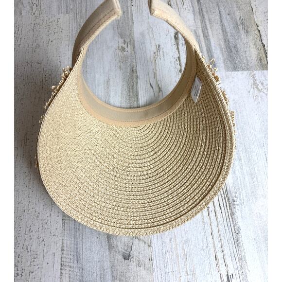 Women’s One Size Paradise Straw Palm Sun Visor Hat Fringed Natural Wide Brim New - Picture 4 of 6